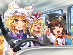 Rule 34 | 3girls, :3, = =, animal ears, animal hat, blonde hair, blush, bow, breasts, brown hair, can, car interior, cat ears, chen, choker, closed eyes, closed mouth, collarbone, commission, dress, driving, earrings, gloves, gold trim, green headwear, hat, holding, holding can, jewelry, large breasts, long sleeves, mob cap, multiple girls, open mouth, pmx, purple dress, red choker, ribbon choker, short hair, single earring, skeb commission, steering wheel, tabard, textless version, touhou, white bow, white gloves, white headwear, yakumo ran, yakumo yukari, yellow eyes