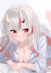 Rule 34 | 1girl, absurdres, alternate costume, blush, breasts, cleavage, closed mouth, cropped legs, highres, hololive, horns, long sleeves, looking at viewer, lying, medium breasts, multicolored hair, nakiri ayame, nose (155cm042kg), on bed, on stomach, oni, red eyes, red hair, shirt, simple background, skin-covered horns, solo, streaked hair, virtual youtuber, white background, white hair, white shirt