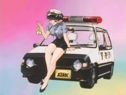 Rule 34 | 1990s (style), 1girl, animated, animated gif, arm support, bakuretsu hunters, bare legs, black footwear, black hair, blue background, breasts, brown eyes, car, daughter (bakuretsu hunters), female focus, gradient background, grin, hat, large breasts, legs, looking at viewer, motor vehicle, multicolored background, pink background, pointy ears, police, police car, police hat, police uniform, policewoman, retro artstyle, screencap, shoes, short hair, sitting, smile, solo, subtitled, talking, uniform, white background