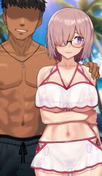Rule 34 | 1boy, 1girl, :o, arm under breasts, bikini, blush, breasts, cleaned, collarbone, condom, covered erect nipples, cowboy shot, dark-skinned male, dark skin, day, fate/grand order, fate (series), glasses, gluteal fold, highres, large breasts, male swimwear, mash kyrielight, micro bikini, navel, nt00, outdoors, pink hair, pubic hair, purple eyes, rainbow print, see-through, shiny skin, short hair, smile, swimsuit, third-party edit, topless male, used condom