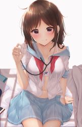 Rule 34 | 1girl, :p, arm support, bare shoulders, blue sailor collar, blue skirt, blush, bow, bow bra, bra, breasts, brown hair, closed mouth, collarbone, hand up, highres, holding, long hair, looking at viewer, medium breasts, minato ojitan, navel, neckerchief, off shoulder, open clothes, open shirt, original, panties, parted bangs, pleated skirt, red eyes, red neckerchief, sailor collar, school uniform, serafuku, shirt, short sleeves, simple background, sitting, skirt, smile, solo, stethoscope, tongue, tongue out, underwear, white background, white bra, white panties, white shirt