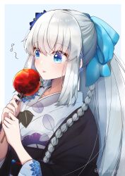 Rule 34 | 1girl, blue background, blue bow, blue flower, blue hair, blue nails, blush, border, bow, braid, candy apple, commentary request, fate/grand order, fate (series), flower, food, grey hair, hair bow, hair flower, hair ornament, haori, highres, holding, holding food, japanese clothes, long hair, morgan le fay (fate), morgan le fay (fgo fes. 2023) (fate), musical note, obi, official alternate costume, outside border, ponytail, re re9315, sash, sidelocks, simple background, single braid, solo, tongue, tongue out, twitter username, very long hair, white border