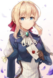 Rule 34 | 10s, 1girl, blonde hair, blue eyes, blue jacket, braid, commentary request, dress, gloves, hair between eyes, hair intakes, hair ribbon, highres, jacket, jewelry, letter, long hair, long sleeves, looking at viewer, motokonut, parted lips, petals, red ribbon, ribbon, solo, upper body, violet evergarden, violet evergarden (series)