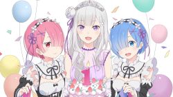 Rule 34 | 3girls, :d, balloon, black ribbon, black sleeves, blue eyes, blue hair, breasts, cake, cleavage, detached collar, detached sleeves, diadem, elbow gloves, emilia (re:zero), female focus, flower, food, gloves, hair flower, hair ornament, hair over one eye, hair ribbon, head wreath, holding, holding plate, long hair, long sleeves, looking at viewer, medium breasts, multiple girls, neck ribbon, official art, open mouth, pink hair, pink ribbon, plate, purple eyes, purple ribbon, ram (re:zero), re:zero kara hajimeru isekai seikatsu, red eyes, rem (re:zero), ribbon, roswaal mansion maid uniform, short hair, siblings, silver hair, sisters, smile, twins, upper body, white background, white flower, white gloves, x hair ornament