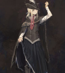 Rule 34 | 1girl, arm up, ascot, blonde hair, bloodborne, blush, boots, brown background, clothes lift, cosplay, dress, flying sweatdrops, hat, highres, lady maria of the astral clocktower, long skirt, painterly, plain doll, plain doll (cosplay), shawl, shion (mirudakemann), simple background, skirt, skirt lift, solo, spoilers, the old hunters, tricorne, wavy mouth, yellow eyes