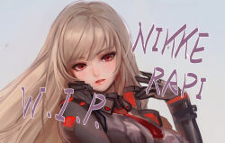 Rule 34 | 1girl, black gloves, black jacket, black shirt, character name, cropped jacket, gloves, goddess of victory: nikke, highres, jacket, kumahitoart, light blush, light brown hair, lips, long hair, looking at viewer, necktie, parted lips, rapi (nikke), red eyes, red necktie, shirt, solo, unfinished