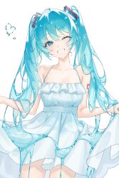 Rule 34 | 1girl, absurdres, aqua hair, bare arms, bare shoulders, blue eyes, commentary, cowboy shot, dress, grin, hatsune miku, highres, long hair, looking at viewer, one eye closed, shoulder tattoo, shupami, simple background, sleeveless, sleeveless dress, smile, solo, spaghetti strap, standing, tattoo, twintails, very long hair, vocaloid, white background, white dress