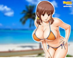 Rule 34 | 1girl, action pizazz, bikini, breasts, brown eyes, brown hair, cleavage, day, huge breasts, nail polish, official art, official wallpaper, orange bikini, pink nails, saigado, short twintails, side-tie bikini bottom, solo, swimsuit, twintails, wallpaper