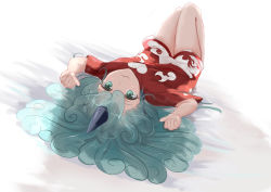 Rule 34 | 1girl, :3, arms up, bad id, bad pixiv id, clenched hands, green hair, hair spread out, horns, kariyushi shirt, knees up, komano aunn, legs together, looking at viewer, lying, medium hair, on back, on bed, short sleeves, shorts, simple background, single horn, solo, touhou, white background, yukitourou