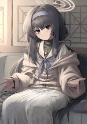 Rule 34 | 1girl, absurdres, bags under eyes, black hair, black sweater, blue archive, blue eyes, cardigan, closed mouth, commentary, couch, crossed bangs, hair intakes, hairband, halo, head tilt, highres, indoors, jitome, karadborg, long sleeves, looking at viewer, low twintails, on couch, sidelocks, sitting, skirt, smile, solo, sweater, turtleneck, turtleneck sweater, twintails, ui (blue archive), white skirt
