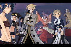 Rule 34 | 2boys, 6+girls, adjusting eyewear, animal costume, archer (disgaea), arms behind back, asagiri asagi, bandeau, belt, black hair, black thighhighs, blonde hair, blue eyes, blue hair, boots, breasts, brooch, cape, cat costume, cleavage, cleavage cutout, clothing cutout, coat, disgaea, everyone, female brawler (disgaea), female warrior (disgaea), flat chest, glasses, gloves, grey eyes, grey hair, hair ornament, hairclip, hand on own hip, hat, helmet, hip focus, hug, hug from behind, jewelry, kaida michi, letterboxed, loincloth, long hair, magic knight (disgaea), makai senki disgaea 3, martial artist (disgaea), masked hero (disgaea), medium breasts, midriff, multiple boys, multiple girls, nippon ichi, open mouth, outstretched arms, pantyhose, pointy ears, ponytail, purple hair, ranger (disgaea), saber kitty, saber kitty (disgaea), short shorts, short twintails, shorts, small breasts, smile, spread arms, strapless, striped clothes, striped legwear, striped thighhighs, thief (disgaea), thighhighs, trench coat, tube top, turtleneck, twintails, warrior (disgaea), yellow eyes, zettai ryouiki