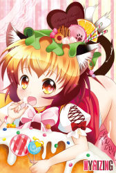 Rule 34 | 1girl, animal ears, blonde hair, blush, bottomless, bow, brown hair, cake, candy, cat ears, cat girl, cat tail, chen, earrings, fang, female focus, food, fruit, hat, in food, jewelry, lollipop, multicolored hair, no panties, open mouth, orange (fruit), oversized object, puffy sleeves, short hair, short sleeves, solo, tail, takamoto akisa, touhou, two-tone hair