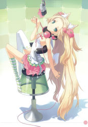 Rule 34 | 1girl, absurdres, animal ears, asymmetrical legwear, bare shoulders, blonde hair, breasts, cable, camisole, chair, floral print, flower, fox ears, fox tail, frills, from side, full body, gradient background, green eyes, green socks, h2so4, hair flower, hair ornament, hairclip, headphones, headphones around neck, highres, kneehighs, leaning back, long hair, looking at viewer, looking back, microphone, mismatched legwear, neck ribbon, original, page number, parted lips, ribbon, sailor collar, scan, shadow, sideboob, single kneehigh, single sock, single thighhigh, sitting, skirt, small breasts, socks, solo, striped clothes, striped socks, studio microphone, tail, thighhighs, transparent, very long hair, white socks