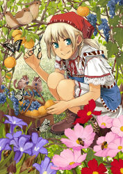 Rule 34 | 1girl, animal, aqua eyes, basket, bee, bird, blonde hair, blue eyes, boots, bow, braid, bug, butterfly, flower, food, fruit, grapes, grass, hair bow, highres, insect, lace, lace trim, leaf, looking at viewer, original, outdoors, pear, plant, pleated skirt, scissors, short hair, short sleeves, skirt, smile, solo, squatting, squirrel, torii yoshitsuna, twin braids, yoshida yamada