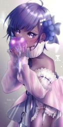 Rule 34 | 1girl, absurdres, ahoge, apple, bare shoulders, black bow, blush, bow, commentary request, dark-skinned female, dark skin, detached collar, detached sleeves, dress, fate/grand order, fate (series), flower, food, fruit, hair bow, hair flower, hair ornament, hassan of serenity (fate), hassan of serenity (lostroom outfit) (fate), highres, holding, holding food, holding fruit, knife, koa (koh a), looking at viewer, lostroom outfit (fate), pink dress, pink sleeves, poison, poison apple, purple eyes, purple hair, short hair, solo, throwing knife, weapon