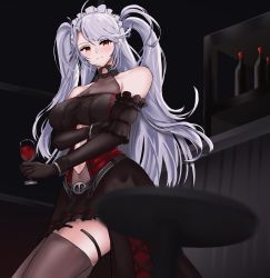 Rule 34 | 1girl, absurdres, alternate costume, azur lane, bare shoulders, black dress, black gloves, black thighhighs, blush, bottle, breasts, closed mouth, crossed arms, cup, dress, drinking glass, elbow gloves, enmaided, eyes visible through hair, feet out of frame, from below, gloves, highres, holding, holding cup, ishimaru (ishimarust), long hair, looking at viewer, maid, maid headdress, medium breasts, official alternate costume, prinz eugen (azur lane), prinz eugen (kindred evening spirits) (azur lane), red eyes, simple background, smile, solo, standing, table, thighhighs, twintails, white hair, wine glass