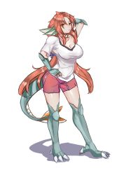 Rule 34 | 1girl, bow, breasts, cleavage, dragon girl, granberia, headfin, highres, large breasts, mon-musu quest!, monster girl, red hair, shorts, solo, sportswear, tail, yellow eyes