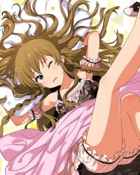 Rule 34 | 1girl, arms up, bare shoulders, bloomers, blue eyes, blush, bracelet, braid, breasts, brown hair, collarbone, detached sleeves, dot nose, floral print, frilled negligee, frills, hair over shoulder, halterneck, idolmaster, idolmaster million live!, idolmaster million live! theater days, jewelry, kousaka umi, layered nightgown, leg up, long hair, lying, messy hair, official alternate costume, official art, on back, one eye closed, pillow, pink bloomers, pink negligee, puffy detached sleeves, puffy sleeves, ribbon-trimmed sleeves, ribbon trim, rose print, sexy beautiful (idolmaster), sidelocks, small breasts, solo, twin braids, under covers, underwear, wavy mouth