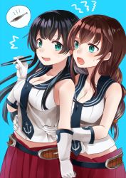 Rule 34 | 10s, 2girls, ^^^, agano (kancolle), aqua eyes, black hair, blue background, blush, braid, breasts, brown hair, chopsticks, cleavage, fish, gloves, grabbing, grabbing from behind, hand up, hands on another&#039;s stomach, kantai collection, large breasts, long hair, looking at another, midriff, multiple girls, noshiro (kancolle), open mouth, pleated skirt, saury, school uniform, serafuku, simple background, single braid, skirt, sleeveless, speech bubble, sweatdrop, white gloves, yuna (yukiyuna)