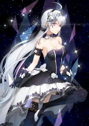 Rule 34 | 1girl, ahoge, anarchojs, bare arms, bare shoulders, black bow, black dress, black gloves, black thighhighs, bow, breasts, cleavage, collarbone, commentary request, dress, flower, from side, gloves, hair between eyes, hair bow, hair flower, hair ornament, high heels, highres, jewelry, large breasts, long hair, multicolored clothes, multicolored dress, necklace, ponytail, pumps, red eyes, rose, silver hair, sleeveless, sleeveless dress, solo, thighhighs, very long hair, vocaloid, white bow, white dress, white flower, white rose, wrist bow, yowane haku