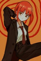 Rule 34 | 1girl, arm behind head, black coat, black pants, brown eyes, brown necktie, chainsaw man, coat, collared shirt, formal, io (onisarashi), looking to the side, looking up, makima (chainsaw man), medium hair, necktie, pants, red hair, ringed eyes, shirt, shirt tucked in, sidelocks, simple background, solo, spiral, suit, white shirt, yellow background