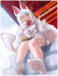 Rule 34 | 1girl, absurdres, animal ears, blush, bow, bowtie, eating, extra ears, food, fox ears, fox girl, fox tail, fur trim, gloves, hair between eyes, highres, inarizushi, jacket, kemono friends, long hair, long sleeves, looking at viewer, no shoes, oinari-sama (kemono friends), pleated skirt, red bow, red bowtie, shirt, sidelocks, sitting, sitting on stairs, skirt, socks, solo, stairs, sushi, tabi, tail, temple, thigh strap, toriny, white fur, white gloves, white hair, white jacket, white shirt, white skirt, white socks, yellow eyes