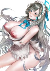 Rule 34 | 1girl, absurdres, apron, asuna (blue archive), bad id, bad twitter id, between breasts, blue archive, blue eyes, blush, breast hold, breasts, choker, closed mouth, detached collar, elbow gloves, gloves, grey hair, highres, kos-owl, large breasts, lips, long hair, maid, maid headdress, mole, mole on breast, naked apron, neck ribbon, necktie, necktie between breasts, nipples, no bra, no panties, ribbon, smile, solo