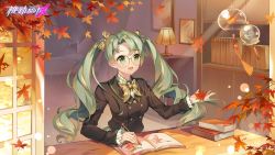 Rule 34 | 1girl, autumn leaves, bed, black jacket, book, bow, breasts, brown bow, collared shirt, glasses, green shirt, hair behind ear, highres, holding, holding leaf, holding pen, jacket, lamp, leaf, medium breasts, ning (smc), official art, open hand, open mouth, pen, round eyewear, shirt, smile, solo, super mecha champions, twintails, window