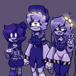 Rule 34 | 1boy, 2girls, android, beanie hat, choker, coat, glitch productions, hat, highres, holding hands, multiple girls, murder drones, n (murder drones), no humans, polygamy, purple eyes, purple hair, robot, short hair, size difference, thighhighs, uzi (murder drones), v (murder drones)