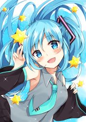Rule 34 | 1girl, :d, bare shoulders, black skirt, black sleeves, blue eyes, blue hair, blue necktie, blush, breasts, collared shirt, commentary request, detached sleeves, grey shirt, hair between eyes, hair ornament, hand up, hatsune miku, head tilt, long hair, long sleeves, looking at viewer, maki soutoki, necktie, open mouth, pinching sleeves, pleated skirt, shirt, skirt, sleeveless, sleeveless shirt, sleeves past wrists, small breasts, smile, solo, tie clip, twintails, vocaloid, wide sleeves