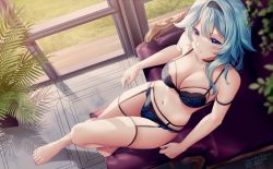 Rule 34 | 1girl, arm strap, bare arms, bare shoulders, barefoot, black bra, black panties, blue hair, bra, breasts, cleavage, closed mouth, eula (genshin impact), from above, garter belt, genshin impact, hairband, large breasts, legs, lingerie, long hair, looking at viewer, navel, panties, panties over garter belt, purple eyes, rimuu, skindentation, solo, stomach, thighs, underwear, underwear only