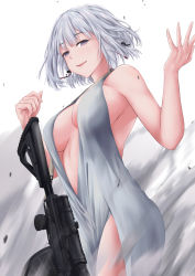 Rule 34 | 1girl, ashes, breasts, dress, drum magazine, from below, girls&#039; frontline, gun, highres, large breasts, light machine gun, looking at viewer, machine gun, magazine (weapon), open clothes, open dress, purple eyes, rpk, rpk-16, rpk-16 (girls&#039; frontline), sam desu, short hair, silver dress, smile, snow, solo, weapon, white background, white hair