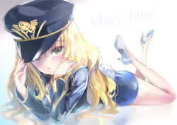 Rule 34 | 1girl, ass, bad id, bad pixiv id, blonde hair, blue jacket, blue shorts, elin, emily (pure dream), hand on headwear, hat, head rest, high heels, jacket, legs, legs up, long hair, lying, no animal ears, on stomach, pumps, rabbit tail, shoes, short shorts, shorts, simple background, solo, tail, tera online, white background, white footwear, yellow eyes