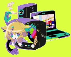 Rule 34 | 1girl, animal ears, animal hands, blonde hair, colored skin, commentary request, computer, crt, gloves, green background, green eyes, hands on own cheeks, hands on own face, laptop, open mouth, original, outline, paw gloves, short hair, simple background, smile, television, translation request, triangle hair ornament, usagi nui, white outline, white skin, wolf ears, wolf girl