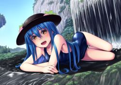 Rule 34 | 1girl, blue hair, blush, brown eyes, cloud, day, food, fruit, h kasei, hat, hinanawi tenshi, long hair, looking at viewer, lying, on stomach, one-piece swimsuit, open mouth, red eyes, school swimsuit, sky, smile, solo, swimsuit, touhou, water, waterfall