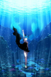 Rule 34 | 1girl, :d, absurdres, air bubble, aqua eyes, aqua hair, arm up, barefoot, black dress, bubble, coral, dress, floating hair, haruyo (imokenp), hatsune miku, highres, legs, light rays, long hair, open mouth, outstretched arm, shinkai shoujo (vocaloid), smile, solo, sunbeam, sunlight, twintails, underwater, very long hair, vocaloid, water