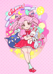 Rule 34 | 1990s (style), 1girl, alternate costume, balloon, bishoujo senshi sailor moon, bishoujo senshi sailor moon r, bishoujo senshi sailor moon supers, bobby socks, bow, candy, cat, character name, chibi usa, cone hair bun, crescent, crescent facial mark, diana (sailor moon), doll, double bun, facial mark, food, full body, gift, hair bow, hair bun, lollipop, luna-p, mary janes, motozaki mio, multiple hair bows, ozaki tomomi (mogumogu), pink background, pink eyes, pink hair, pink skirt, pink theme, polka dot, polka dot background, puffy sleeves, retro artstyle, shirt, shoes, short hair, skirt, smile, socks, striped clothes, striped shirt, swirl lollipop, twintails