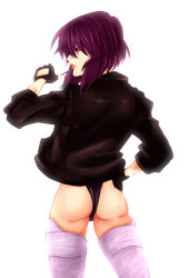 Rule 34 | 1girl, ass, bad id, bad pixiv id, fingerless gloves, ghost in the shell, ghost in the shell stand alone complex, gloves, hand on own hip, highres, hip focus, jacket, kusanagi motoko, leotard, looking back, matano maya, profile, purple hair, red eyes, short hair, simple background, sleeves rolled up, solo, standing, thighhighs, thumbs up