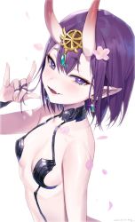 Rule 34 | 1girl, bare shoulders, blush, bob cut, breasts, collarbone, earrings, eyeliner, fang, fate/grand order, fate (series), fellatio gesture, flower, freng, hair flower, hair ornament, headpiece, holding, holding own hair, horns, jewelry, looking at viewer, makeup, oni, open mouth, petals, pointy ears, purple eyes, purple hair, revealing clothes, short eyebrows, short hair, shuten douji (fate), simple background, skin-covered horns, small breasts, smile, solo, white background