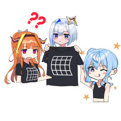 Rule 34 | 3girls, :q, ?, ??, absurdres, alternate costume, amane kanata, black shirt, blouse, blue hair, blunt bangs, blush stickers, bow, braid, breasts, chibi, commentary request, diagonal-striped bow, fang, flat chest, hair between eyes, highres, holding, holding clothes, holding shirt, hololive, horns, hoshimachi suisei, illusion grid t-shirt, kiryu coco, long hair, multiple girls, nonbire, one eye closed, orange hair, pointy ears, shirt, short hair, side braid, simple background, single braid, skin fang, striped, t-shirt, tongue, tongue out, virtual youtuber, wavy hair, white background