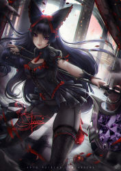 Rule 34 | 1girl, artist name, axe, axsen, battle axe, black bow, black hair, black nails, black panties, black pantyhose, black thighhighs, bow, breasts, checkered floor, closed mouth, floating hair, frilled bow, frills, garter straps, gate - jieitai ka no chi nite kaku tatakaeri, hair bow, highres, holding, holding polearm, holding weapon, kneeling, long hair, looking at viewer, medium breasts, nail polish, necktie, panties, pantyhose, petals, polearm, red bow, red eyes, red footwear, red lips, red necktie, red ribbon, ribbon, rory mercury, short necktie, short sleeves, showgirl skirt, smile, solo, thighhighs, thighhighs over pantyhose, underwear, very long hair, weapon