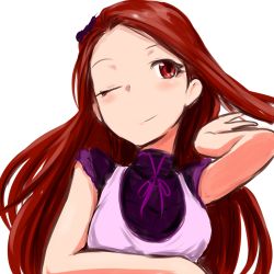 Rule 34 | 1girl, bad id, bad pixiv id, clearite, hair flip, idolmaster, idolmaster (classic), long hair, lowres, minase iori, one eye closed, red eyes, red hair, simple background, smile, solo, upper body, white background, wink
