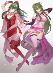 Rule 34 | 2girls, absurdres, arm up, bare shoulders, breasts, cape, cleavage, closed mouth, commentary, detached sleeves, dress, english commentary, fire emblem, fire emblem: mystery of the emblem, fire emblem awakening, gloves, green eyes, green hair, hair between eyes, hair ornament, high collar, highres, large breasts, legs, long hair, looking at viewer, mari48240422, multiple girls, nagi (fire emblem), nintendo, pink cape, pink dress, pink footwear, pointy ears, ponytail, purple sleeves, red dress, red footwear, red gloves, short dress, sidelocks, simple background, sleeveless, sleeveless dress, smile, thighhighs, thighs, tiki (adult) (fire emblem), tiki (fire emblem), very long hair, zettai ryouiki