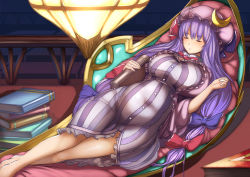 Rule 34 | 1girl, barefoot, belly, blue bow, book, book stack, bookshelf, bow, breasts, buttons, crescent, crossed legs, curvy, eyebrows, female focus, frills, hair bow, hat, holding, holding book, hoshara, indoors, lamp, large breasts, long hair, lying, mob cap, multi-tied hair, on back, patchouli knowledge, plump, purple hair, railing, red bow, revision, sleeping, solo, striped, touhou