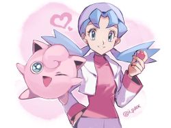 Rule 34 | 1girl, blue hair, commentary request, creatures (company), cropped jacket, eyelashes, game freak, gen 1 pokemon, green eyes, grey headwear, hand on own hip, hand up, hat, heart, holding, holding poke ball, i g1ax, jacket, jigglypuff, long hair, long sleeves, marina (pokemon), nintendo, parted lips, pink shirt, poke ball, poke ball (basic), pokemon, pokemon (anime), pokemon (classic anime), pokemon (creature), shirt, smile, twintails, twitter username, white jacket