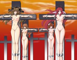 Rule 34 | 4girls, ahoge, antenna hair, armpits, barefoot, bdsm, black eyes, blush, breasts, brown hair, censored, completely nude, cross, crucifixion, crucifixion knights, crucifixion knights~haritsukerareshi otometachi~, closed eyes, facing viewer, feet, female focus, fuchi, hair ribbon, hip focus, jpeg artifacts, legs, legs together, long hair, looking at viewer, medium breasts, mosaic censoring, multiple girls, navel, nipples, nude, open mouth, original, outstretched arms, public indecency, pussy, ribbon, sky, spoils