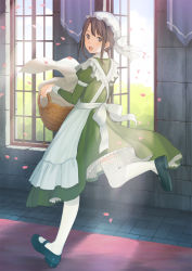 Rule 34 | 1girl, :d, apron, bad id, bad pixiv id, banner, basket, black footwear, brown eyes, brown hair, carpet, coftof, dress, from behind, full body, green dress, hat, holding, indoors, juliet sleeves, laundry, laundry basket, light rays, long sleeves, looking at viewer, looking back, maid, maid apron, maid cap, maid headdress, mary janes, mob cap, moe2015, open mouth, open window, original, petals, petticoat, puffy sleeves, running, shoes, short hair, sidelocks, smile, solo, stone wall, sunbeam, sunlight, thighhighs, wall, white thighhighs, window, yasawa kichi