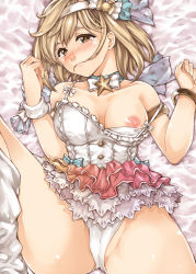Rule 34 | 10s, 1girl, alternate costume, bed sheet, blonde hair, blush, breasts, breasts out, cameltoe, djeeta (granblue fantasy), dress, frilled skirt, frills, from above, granblue fantasy, hair in own mouth, hairband, large breasts, looking at viewer, lying, midriff, mouth hold, navel, nipples, off shoulder, on back, panties, raid slash, shiny skin, short hair, skirt, solo, strap slip, superstar (granblue fantasy), tears, thighs, underwear, white dress, white panties, yellow eyes