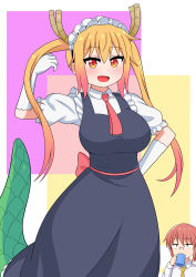 Rule 34 | 2girls, absurdres, arm behind back, blonde hair, bow, breasts, collared shirt, colored tips, cup, dragon girl, dragon horns, dragon tail, dress, drinking, fang, glasses, gloves, green tail, hand in own hair, highres, holding, holding cup, horns, kobayashi-san chi no maidragon, kobayashi (maidragon), large breasts, long hair, looking at another, looking at viewer, maid, maid headdress, mug, multicolored hair, multiple girls, necktie, open mouth, orange eyes, orange hair, pinafore dress, red eyes, red hair, red neckwear, shirt, short hair, short necktie, sleeveless dress, solo focus, tail, the only shoe, tohru (maidragon), twintails, waist bow, white gloves, yellow neckwear