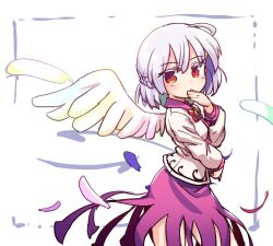 Rule 34 | 1girl, bow, bowtie, braid, covered mouth, cowboy shot, dress, french braid, from side, isu (is88), jacket, kishin sagume, long sleeves, looking at viewer, purple dress, red bow, red bowtie, red eyes, single wing, solo, standing, touhou, white background, white jacket, white wings, wings
